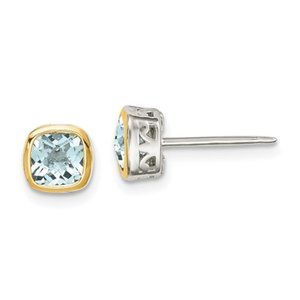 Sterling Silver with 14K Accent Aquamarine Gemstone Square Stud Earrings
